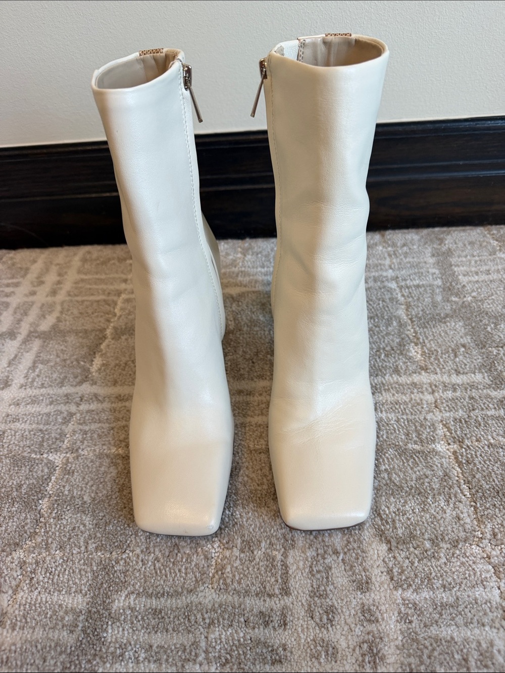 Sam Edelman Cream Square-Toe Mid-Calf Heeled Boots. Size 8.